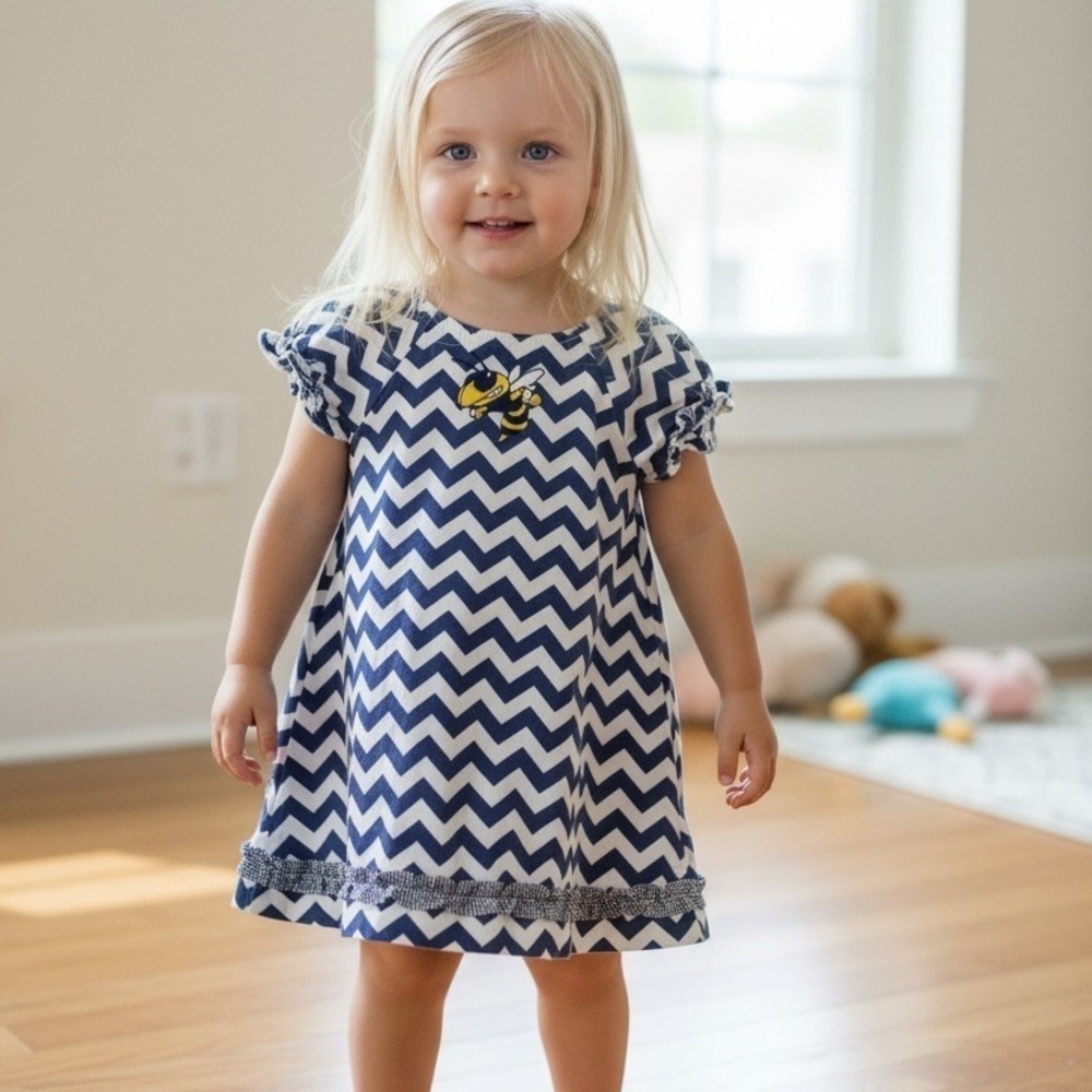 Vive La Fete Girls Dress Size 3T Chevron Bee Ruffle Hem hornet yellow jackets
